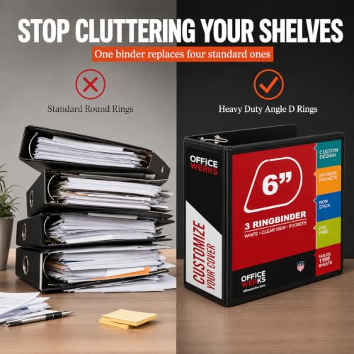 Image of 6 Inch 3 Ring Binder, Holds 1100 Sheets, Locking D-Ring, PVC-Free, Black | Heavy Duty with Pockets, Non-Stick Clear View Customizable Cover, Fits 8.5 x 11, Extra Large D-Ring Binder - Office Werks