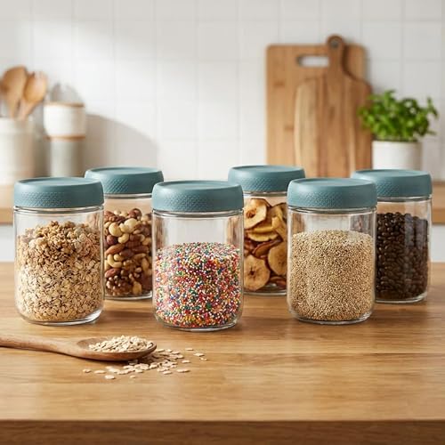 Image of Rioware Storage Glass Jar, Set of 6, 500 ml Each, Transparent, BPA Free, Storage Jar, Kitchen Organizer Modular, Multipurpose Cookies Jar, Green
