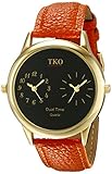 TKO Dual Time Zone Gold Watch Orange Leather Strap Ideal for the Around The World Traveler or Flight Attendant TK657