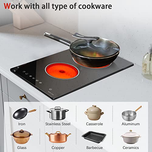 Image of Noxton 2 Burner Electric Cooktop 12 Inch, Built-in Electric Radiant Ceramic Stove Top, Sensor Touch Control, Child Safety Lock, Timer, 3000W, Hard Wire for 220V~240V