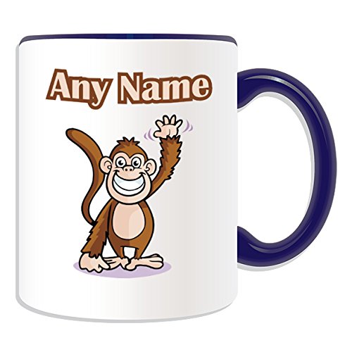 Tazza Personalizzata Unigift Con Scimmietta Che Saluta - Regalo Unico Con Nome E Messaggio, Ceramica, Colore Blu, Lavabile In Lavastoviglie