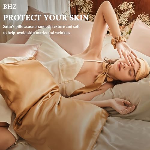 Image of BHZ Goose Down Feather Pillows King Size Set of 2 with Satin Pillowcases, Hotel Bed Pillows for Sleeping Soft Pillow for Side and Back Sleepers with Silk Pillow Cases for Hot Sleepers, Grey