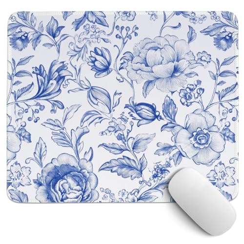 Image of Blue Floral Desk Mat,Blue Chinoiserie Mouse Pad,Blue and White Floral Desk mat,Flower Office Desk Decor, Girly Desk Mat for Dorm Home Office Desktop Decor,10.2x8.2 Inch