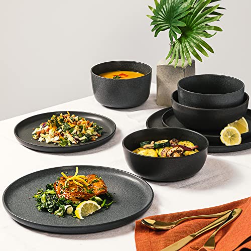 Image of Gibson Elite James Street Stoneware Matte Reactive Double Bowl Dinnerware Set - Truffle Grey, Service for 4 (16pcs)