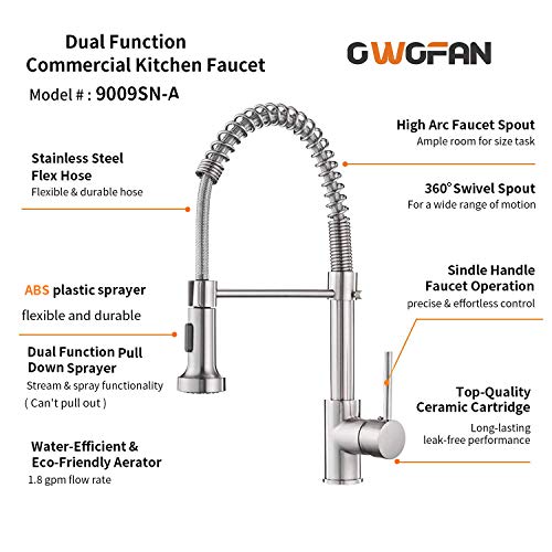 OWOFAN Kitchen Faucets Low Lead Commercial Solid Brass Single Handle Single Lever Pull Down Sprayer Spring Kitchen Sink Faucet, Brushed Nickel