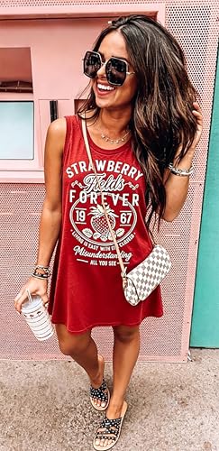 Image of Vintage Rock Country Music Dress for Women Rock Concert Band Graphic Tshirt Casual Letter Print Short Dress