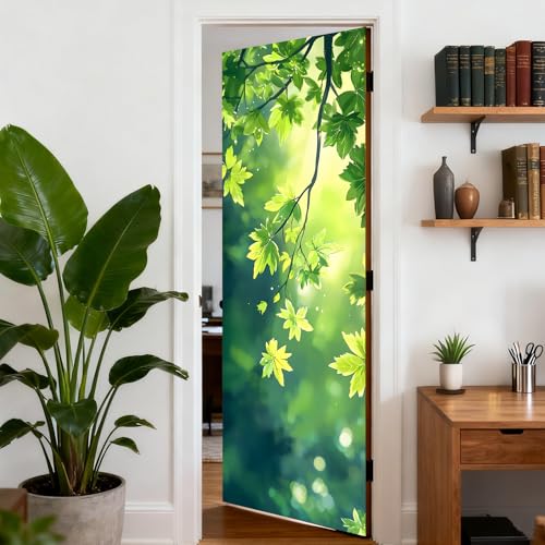 Image of Nuxovilar Green Leaves Door Stickers Peel Stick PVC 30.3x78.7 in Cover | Door Stickers Wall Decals Peel Stick Cover Vinyl Art Poster Bedroom Living Room (Green Leaves)