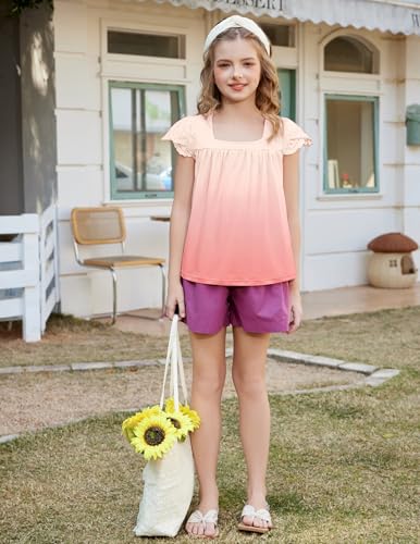 Image of Arshiner Girls Shirts Short Sleeve Square Neck Summer Lace Openwork Pleated Tops Blouse Tunic