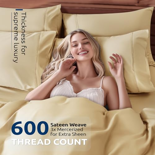 Shilucheng 100% Cotton Queen Size Duvet Covers - 600 Thread Count, Luxury Sateen Weave Egyptian Cotton Comforter Cover with Zipper Closure & Corner Ties,Hotel Bedding Duvet Covers 3 Piece (Beige)