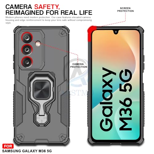 Image of AESTMO Armor Back Cover for Samsung Galaxy M36 5G / F36 5G | Ring Holder & Kickstand & Camera Protection in-Built | 360 Degree Protection Back Case Cover (Black)