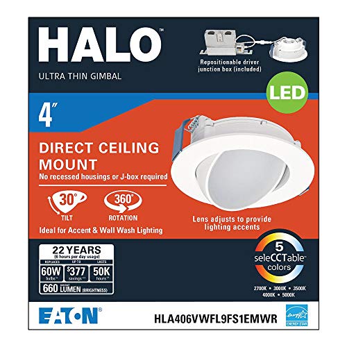 Halo Hla406Vwfl9Fs1Emwr Hla 4 In. Color Selectable (2700K-5000K) Canless Wide Beam Adjustable Gimbal Integrated Kit Led Recessed Trim, Round, White #TOP6