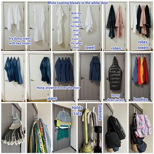4 Pack Over the Door Hooks, 5.5" Long, White Plastic Coating, Heavy Duty Towel & Robe Hanger for Bathroom, Dorm, and Bun