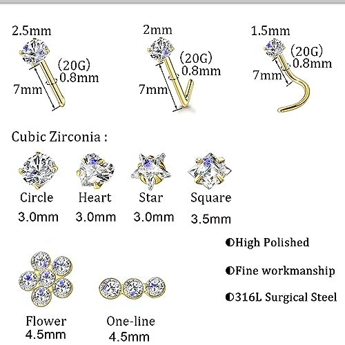 14k Gold Plated 316L Surgical Steel 22g/20g/18g Nose Rings Studs L-Shape Bone Screw Nostril Piercing 1.5mm 2mm 2.5mm 3mm 3.5mm 4.5mm CZ Nose Studs for Women3