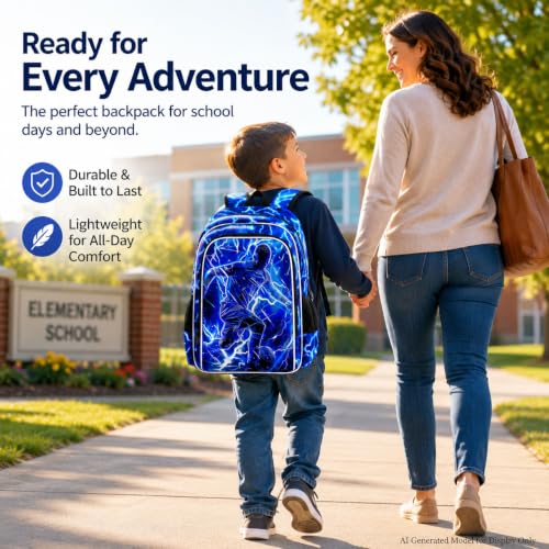 Image of 3Pcs Soccer Backpack for Boys, Lightning Kids Bookbag with Lunch Box, 17 inch School Backpacks for Elementary Preschool Kindergarten (Blue)