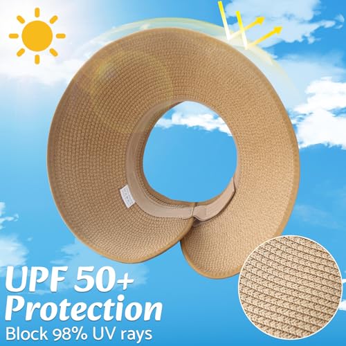 Image of NPQQUAN Sun Visor Hats for Women Wide Brim Ponytail Straw Beach Hat Packable Foldable UPF 50+ Floppy Travel Hats