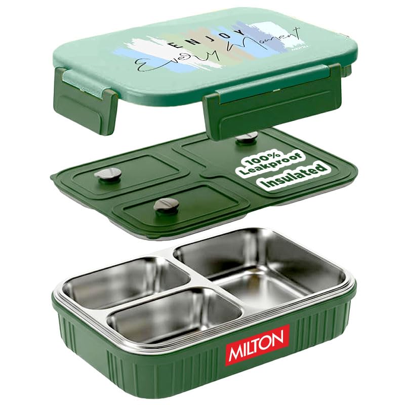 Image of MILTON Meal Safe 3 Inner Stainless Steel Tiffin Box for School with Steam Release Plug | PU Insulated, Leak-Proof, Food Grade I Lunch Box for Kids Boys, Girls with Snap Lock Lid, 630 ml, Dark Green