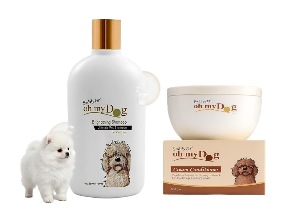 oh my dog brightening shampoo (1000ml) & cream conditioner spa set (500g) – paraben-free deep conditioning grooming combo for dry, damaged & long coats