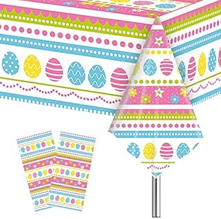 Adisno 2 Pieces Easter Tablecloth, Easter Egg Tablecloth, Waterproof, Easter Plastic Table Cloth for Easter Party Decoration Disposable Dining Room Kitchen Rectangular Table Cover
