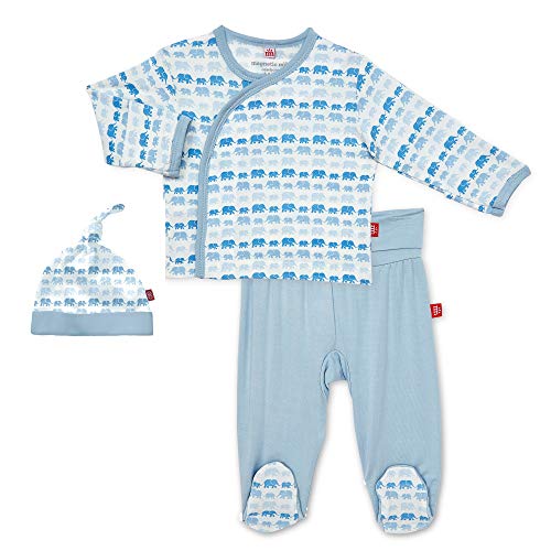 Magnetic Me Layette Baby Outfit Easy Close 3 Piece Soft Modal Set - Kimono Top, Footed Pants and Newborn Hat - Dancing Elephants Blue 0-3 Months