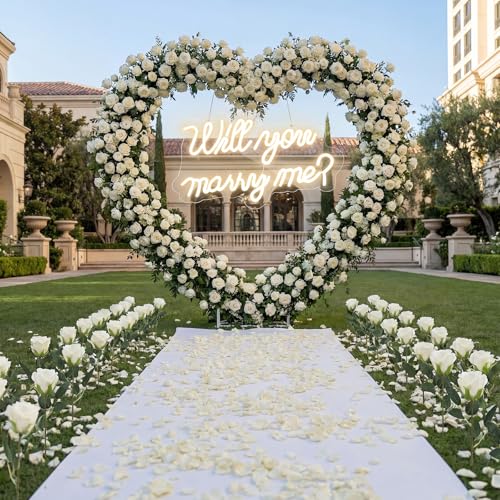 Kittmip Proposal Decorations Kit Will You Marry Me LED Neon Light Metal Heart Stand Carpet 2000 Rose Petals 30 Artificial Roses for Proposal Engagement (Rose on The Stand Not Include)(White)