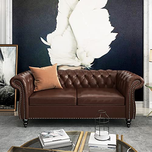 Image of QHITTY Chesterfield Loveseat, Accent Sofa Modern Leather Couch Upholstered Sofa with Tufted Back for Living Room Furniture (Dark Brown)