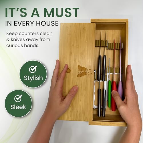 Kid Safe In-Drawer Bamboo Box, for Chef Knives or Steak Knives, with newly invented Beautiful Leather Holders. Only 5.5 Inches Wide. Best Knife Block Alternative! by TrueBlueBamboo - Image 5