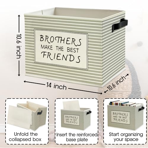 Image of Boy Nursery Storage Bins Box with Handles, Brothers Make the Best Friends Neutral Striped Collapsible Basket Organizer for Kids Boys Room Bedroom Playroom Bathroom Books Clothes