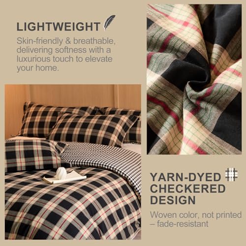 Image of 100% Cotton Comforter Set Full Size - Reversible Yarn-Dyed Checkered Design, Soft Washed Cotton on Both Sides, Lightweight All-Season Bedding, Machine Washable(Black Red Plaid, 80 inchx90 inch)