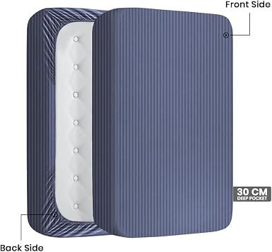 MOONLIGHT20015 4 Piece King Bedding Set Satin Stripes Duvet Cover Fitted Sheet with Pillow cases Hotel Quality Soft Brushed Microfiber Washed Blue