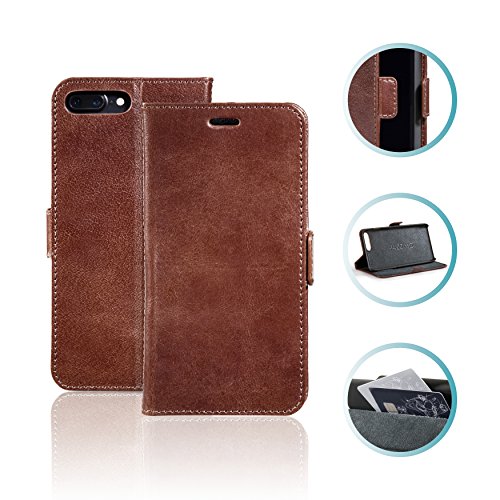 PAZZiMO Leren hoes compatibel met Apple iPhone 7 Plus, 8 Plus, stijlvolle en elegante hoes van echt leer, inklapbaar, met kaartenvak, leren hoes, bruin