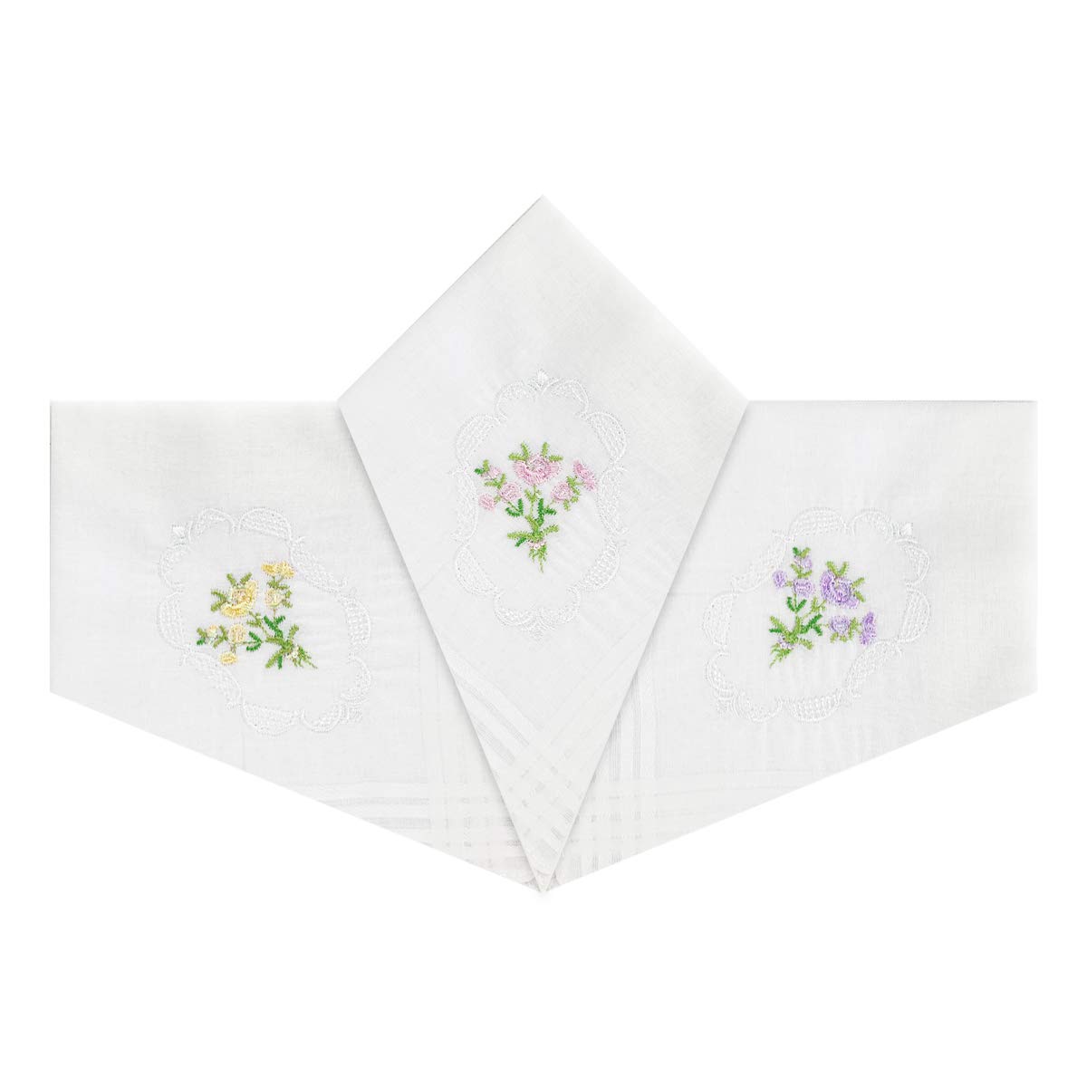 Warwick & Vance Pack Of 3 Womens/Ladies Handkerchiefs, Floral Embroidered With White Satin Borders, 100% Cotton, 29 x 29cm