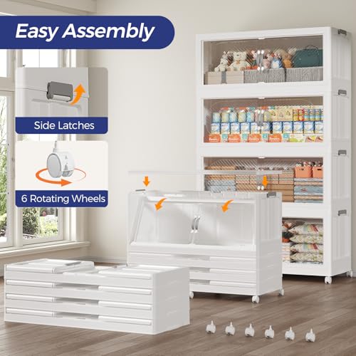 300GAL Plastic Storage Bins with Lid, 1200QT Extra Large Stackable Closet Organizers and Storage, Collapsible Storages Box with Wheels, Folding Cabinet for Home Kitchen Office, 5Pack White - Image 7