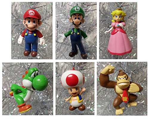 Super Mario Brothers 6 Piece Christmas Holiday Ornament Set Featuring Mario, Luigi, Donkey Kong, Yoshi, Toad and Princess Peach - Shatterproof Ornaments Range From 1.5