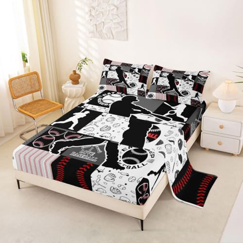 Image of Castle Fairy Baseball Player Fitted Sheet Set Full Size 4 Pcs,Patchwork Baseball Teens Sheets,Sports Geometric Grid Red Grey Bedding Sets (1 Fitted,1 Flat,2 Pillowcases) Luxury Deep Pocket Bed Sheets