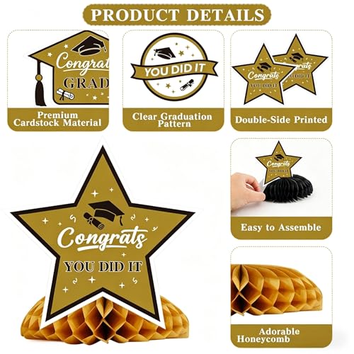 Image of Graduation Decorations 2026, 10PCS Graduation Centerpieces for Table, Black Gold Graduation Party Decorations Class of 2026 Congrats Grad Honeycomb Centerpieces Table Decor Graduation Party Supplies