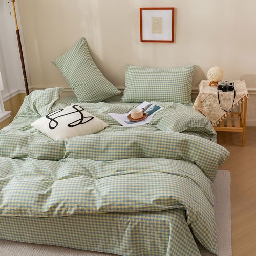 Image of EAVD Mini Blue Yellow Plaid Duvet Cover Queen Soft Cotton Reversible Grid Plaid Bedding Set with 2 Pillowcases Modern Style Geometric Grid Plaid Pattern Duvet Cover with Zipper Closure