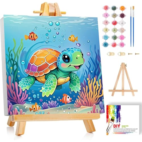cviokrdu Turtles Paint by Numbers Kit for Kids with Frame - Wooden Easel Sea Animals Paint by Numbers for Kids Ages 4 8 12 Easy Acrylic Oil Painting Kits for Home Wall Decoration 8x8 inch