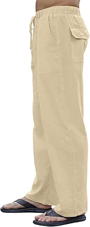 Leinenhose Herren Hose Sommer Leichte Freizeithose Lang Leicht Sommerhose Loose Fit Strandhose Männer Casual Leinen Hosen Taschen Elastischer Bund Kordelzug für Urlaub Strand Yoga Alltag