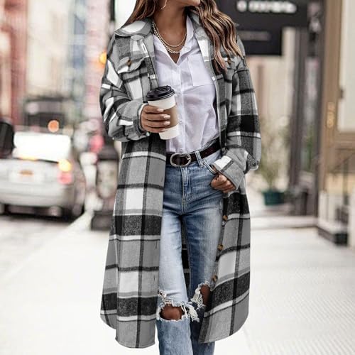 Plaid Shacket for Women Drop Shoulder Long Jacket Trendy Color Block Lapel Double Breasted Long Sleeve Shirt Jackets2