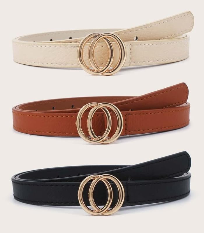 Women Leather Belt Set Pack of 3 Adjustable Waist Accessories for Dresses Jeans Skirts and Outfits BLACK + BROWN + WHITE-image-48