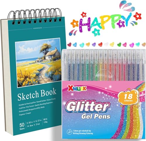 Xmusk Glitter Gel Pen Gift Set with 18 Colors Glitter Gel Pen A5 Sketch Book Gift Set 50 Sheets 120gsm Spiral Art Sketchbook Drawing Pad for Painting Writing (XGP-18)