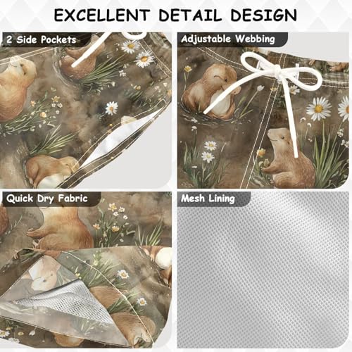 Pigsaly Boys' Swim Board Shorts Watercolor Daisy Flower Cute Brown Sea Otter Boy's Swim Trunks Kids Swimwear S3