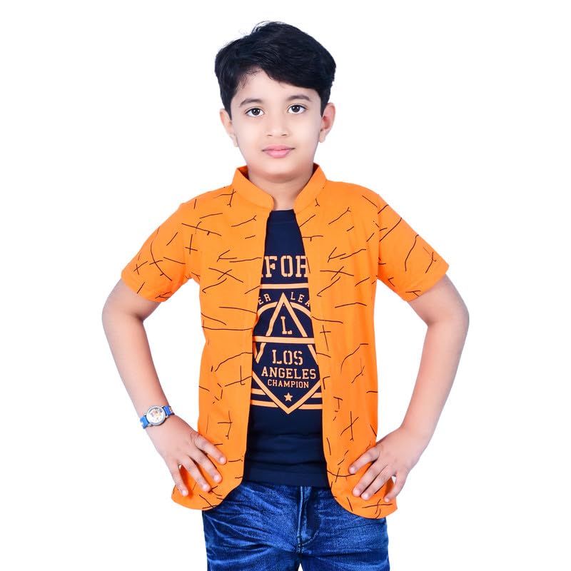 Image of Jam & Sugar Boys Cotton Printed T-Shirt with Attached Shrug Jacket - Half Sleeves