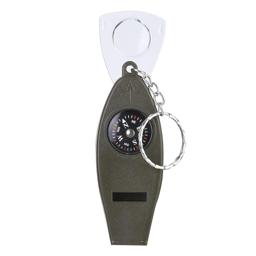 Multifunctional Whistle Portable 4 in 1 Design with Compass Thermometer Magnifier for Outdoor Survival Camping Hiking Army Green ABS Material Lightweight