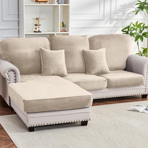 Image of Couch Cover 6-Piece Elastic Velvet Couch Cushion Covers & Chaise Slipcovers for L-Shaped Sofas - Sofa Seat Covers Washable, Soft Protector for Couches (5 Seater + Chaise, Ivory)