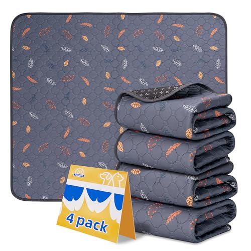 Image of Sunheir Washable Pee Pads for Dogs 4-Pack Reusable Puppy Pads Pet Training Pads, Waterproof Dog Pee Pads for Crate, Whelping Pad, Non-Slip Protects Against Urine Leakage (Leaves - Deep Grey, 18x24)