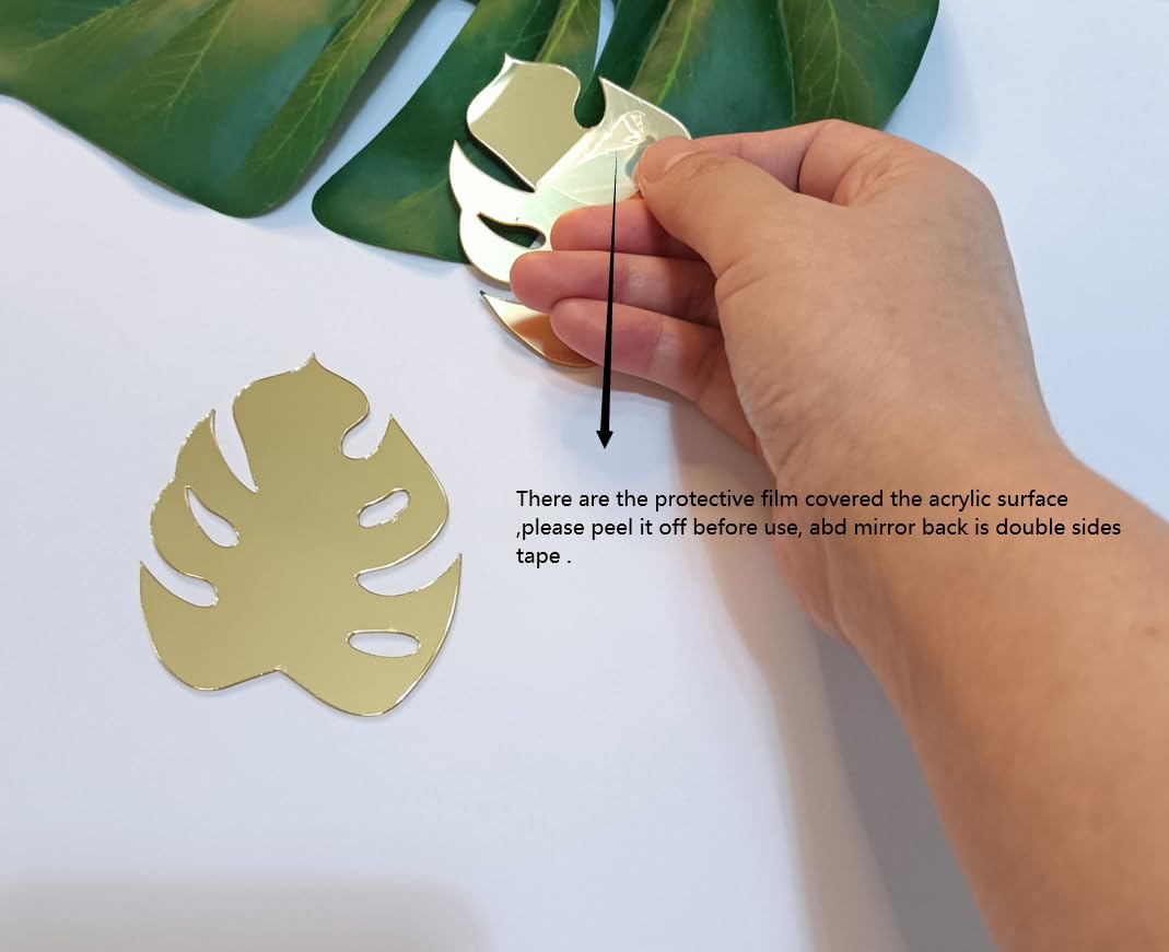XIAOYUE Monstera Mirror, Monstera Leaf Shaped Shatterproof Wall Mirror Sticker, Flower Wall Art, Wall Décor, Monstera deliciosa Plant Mirror (Gold Mirror, 3'')