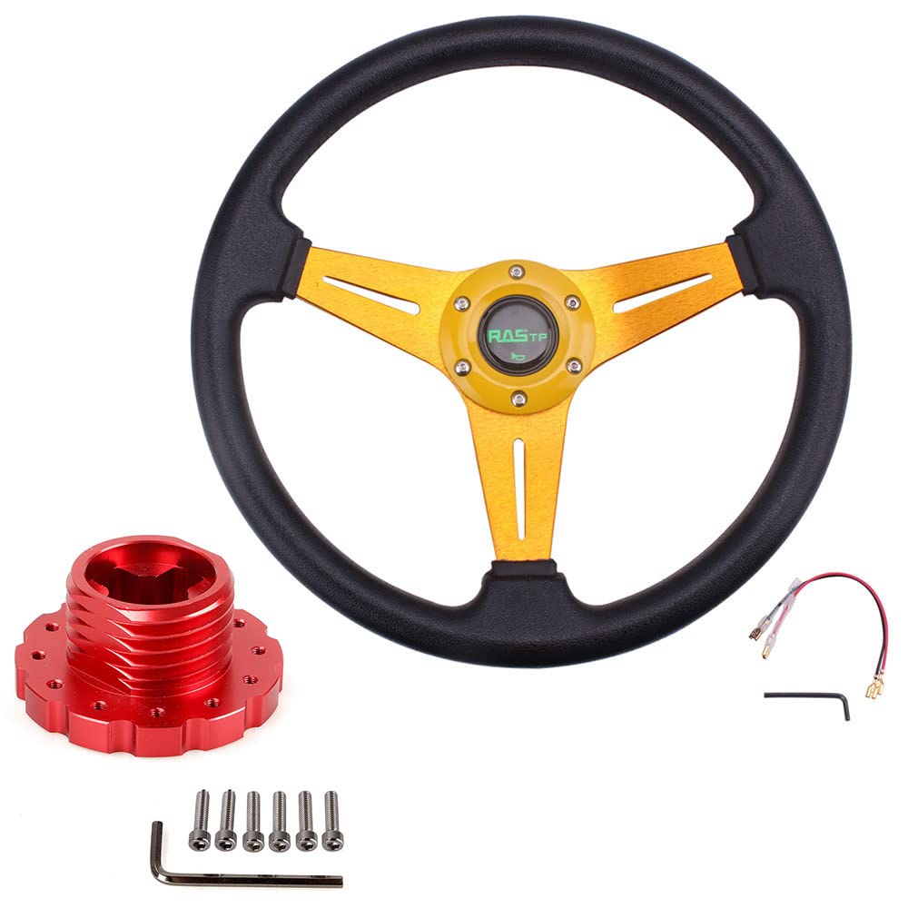 RASTP 13.8”/350mm 6 Bolts Racing Steering Wheel with Sim Racing Gaming Steering Wheel Adapter Fit for Thrustmaster T500 / T300 / TS-PC,TS-XW (Gold-Red)