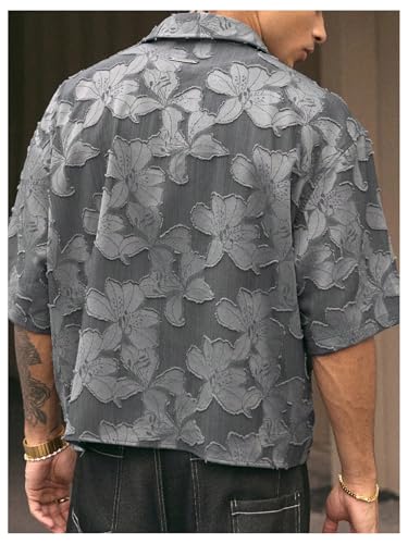 SHENHE Men's Floral Button Down Shirt Short Sleeve Frayed Trim Textured Summer Shirt Streetwear2