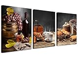 Acocifi Kitchen Canvas Wall Art Coffee and Red Wine Paintings Vintage Farmhouse Pictures Bread Grapes Fruit Prints Artwork Framed for Dinning Room Bar Home Wall Decor, 12'x16'x3 Panels